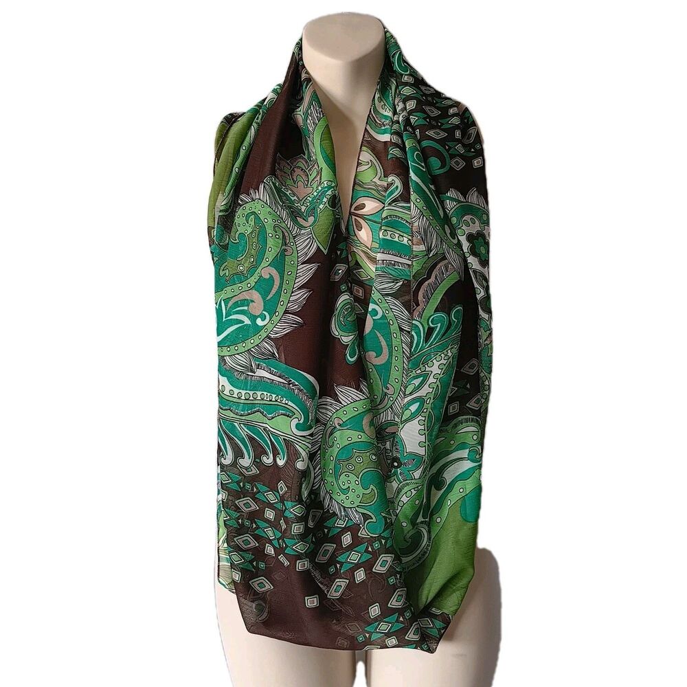 Verene Infinity Scarf Green Paisley on Brown Chiffon Made in The USA